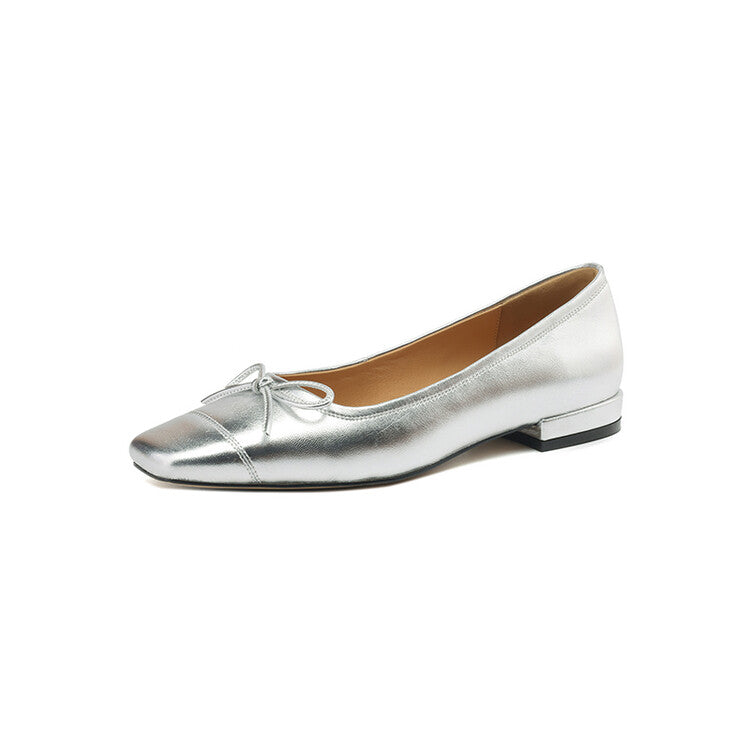 Pink Silver Yellow Square Toe Butterfly Knot Flats #001149