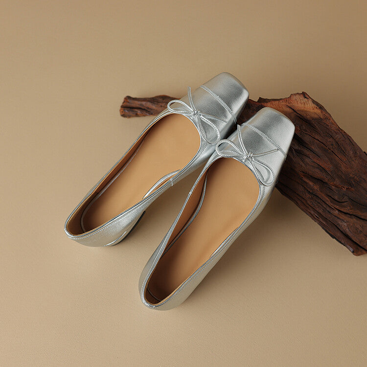 Pink Silver Yellow Square Toe Butterfly Knot Flats #001149