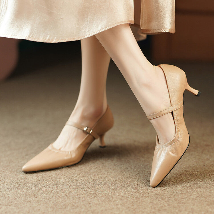 Beige Black Mid Heel Mary Jane Pumps #001110