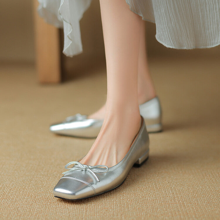 Pink Silver Yellow Square Toe Butterfly Knot Flats #001149