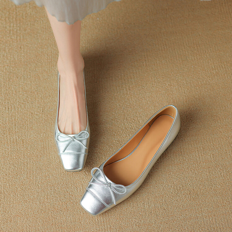 Pink Silver Yellow Square Toe Butterfly Knot Flats #001149