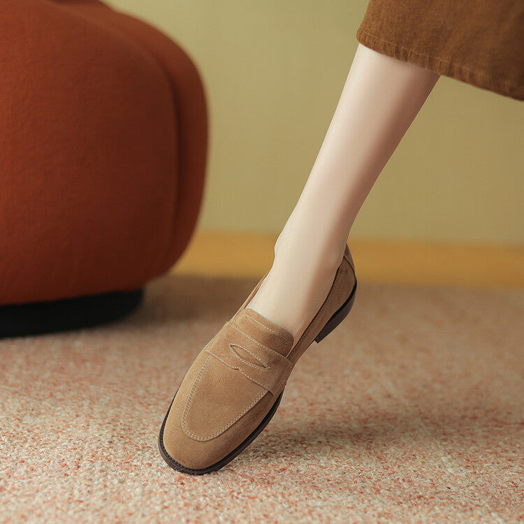 Beige Brown Rounded Toe Strap Loafers #001133