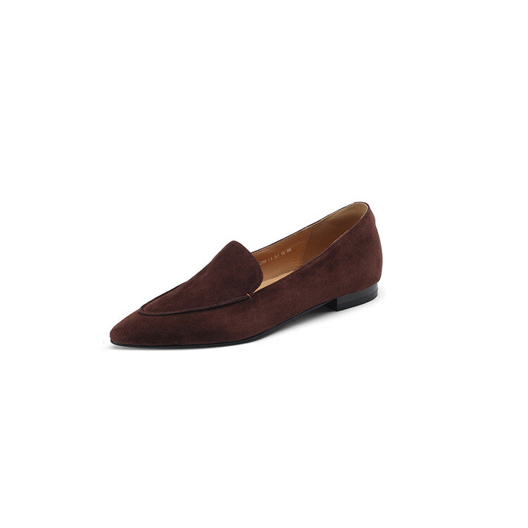 Caramel Brown Black Pointed Toe Suede Loafers #001126