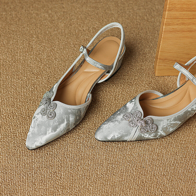 Silver Green Black Tang Suit Knot Quarter Strap Pumps #001147