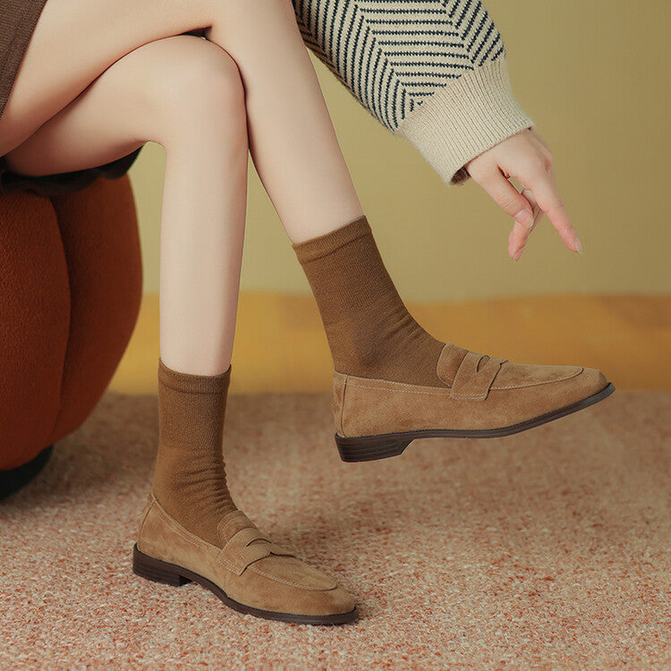 Beige Brown Rounded Toe Strap Loafers #001133