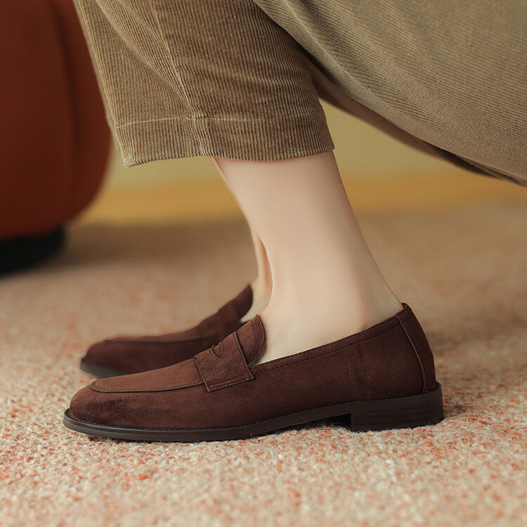Beige Brown Rounded Toe Strap Loafers #001133