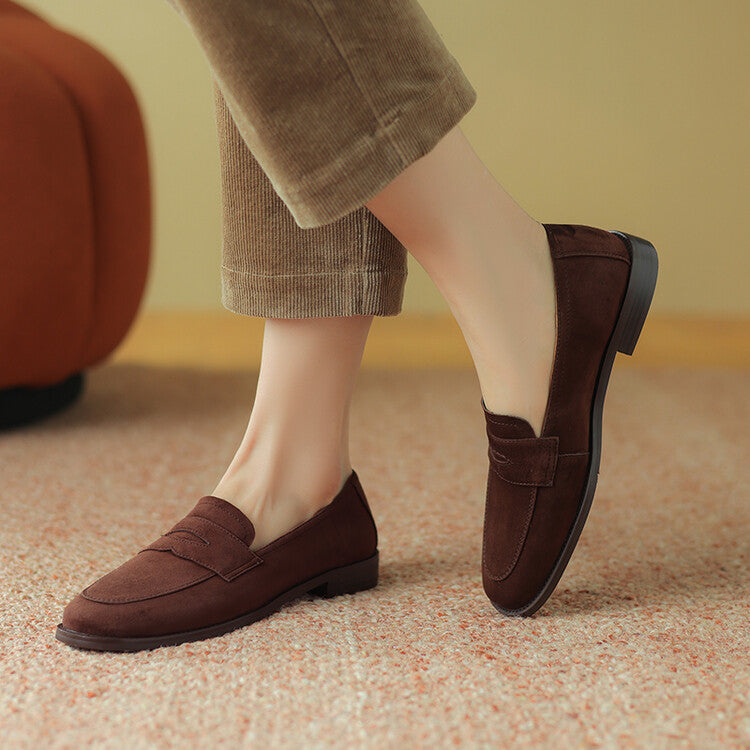 Beige Brown Rounded Toe Strap Loafers #001133