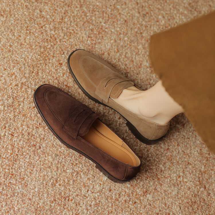 Beige Brown Rounded Toe Strap Loafers #001133