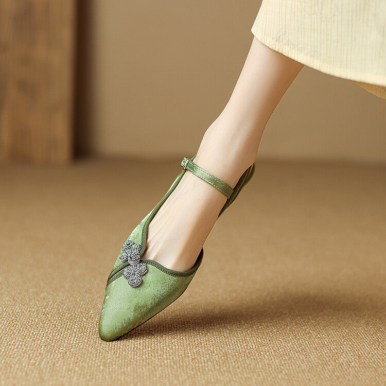 Silver Green Black Tang Suit Knot Quarter Strap Pumps #001147