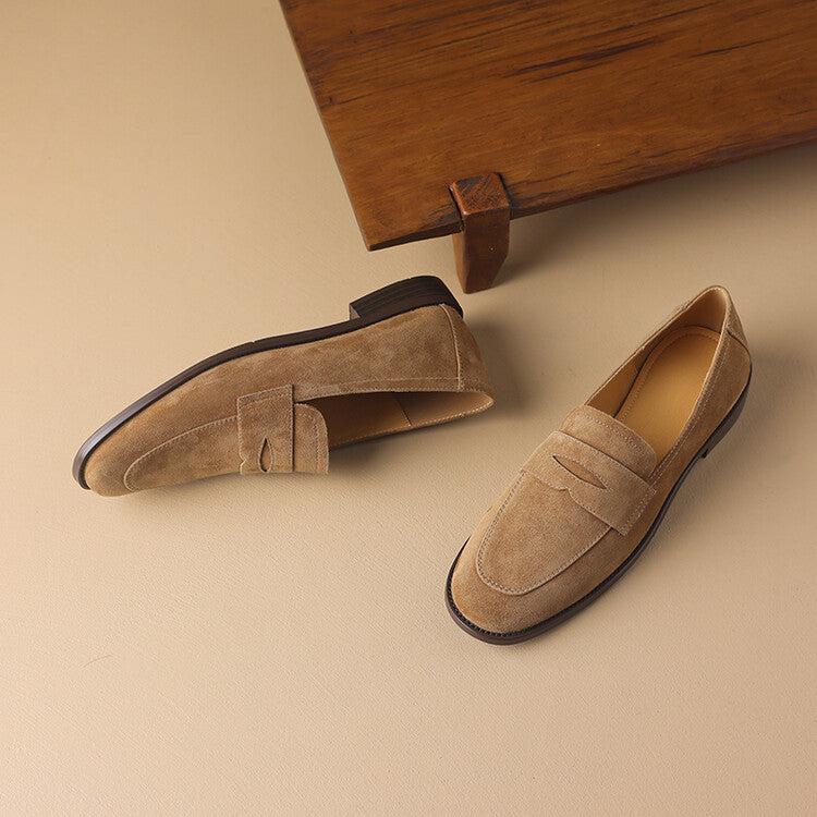 Beige Brown Rounded Toe Strap Loafers #001133