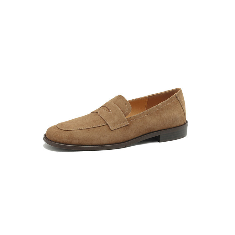 Beige Brown Rounded Toe Strap Loafers #001133
