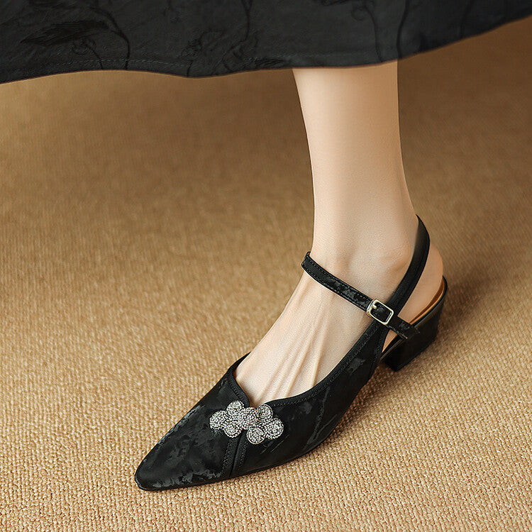 Silver Green Black Tang Suit Knot Quarter Strap Pumps #001147