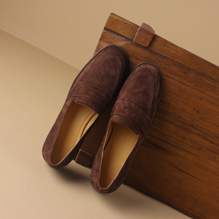 Beige Brown Rounded Toe Strap Loafers #001133