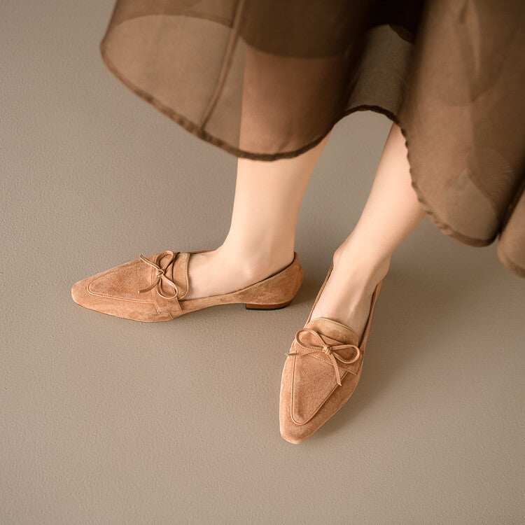 Beige Brown Black Butterfly Knot Suede Loafers #001138