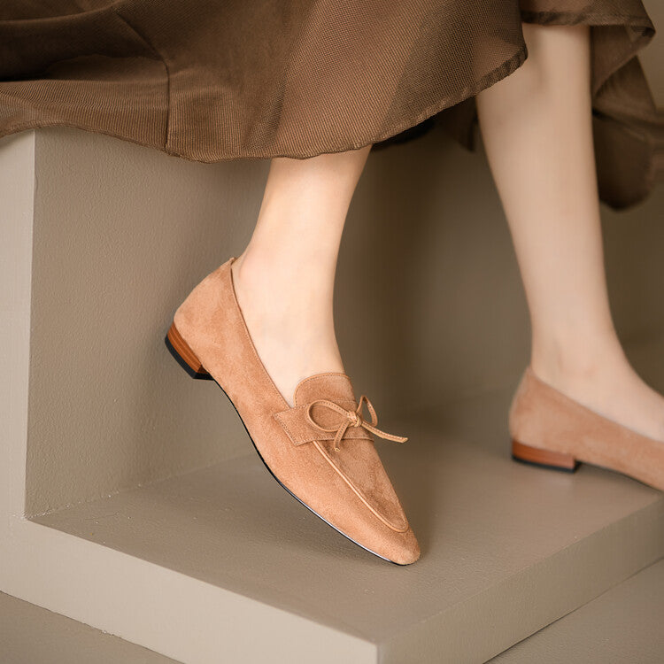 Beige Brown Black Butterfly Knot Suede Loafers #001138