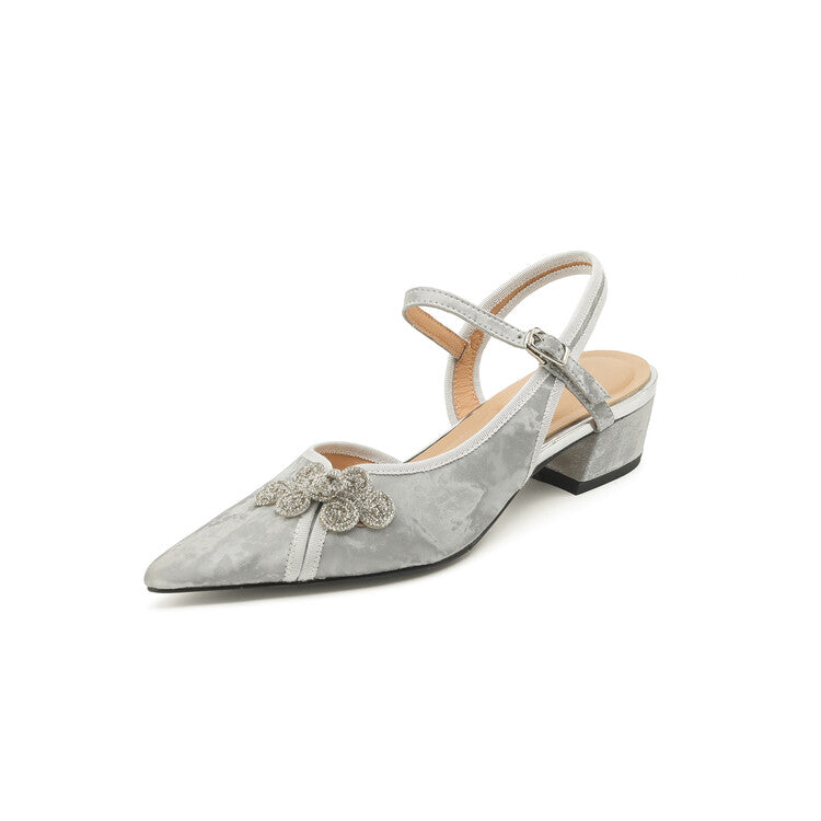 Silver Green Black Tang Suit Knot Quarter Strap Pumps #001147