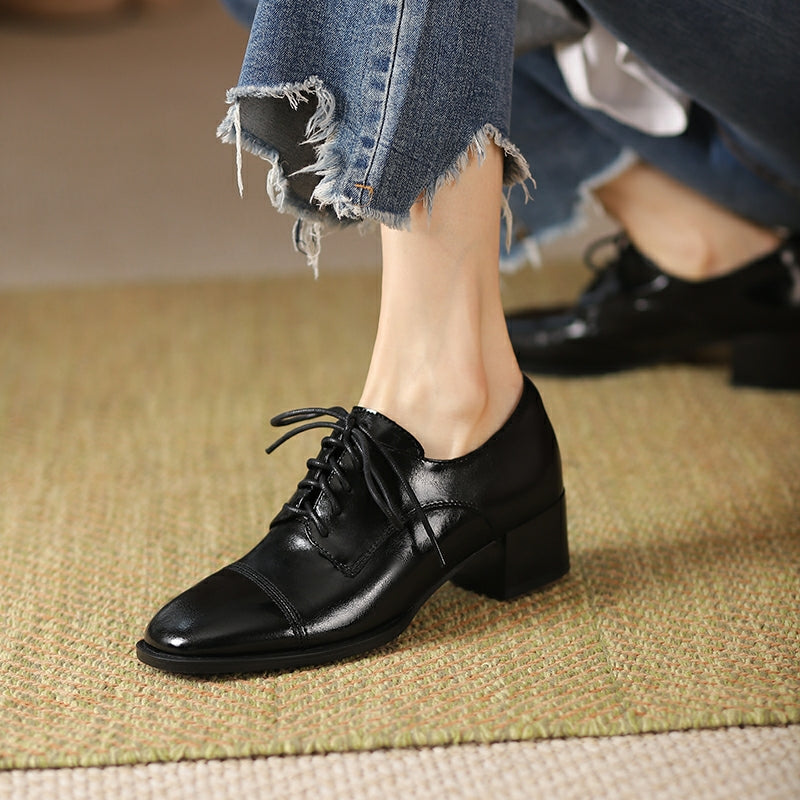 Beige Brown Black Block Heel Derby Shoes #001132