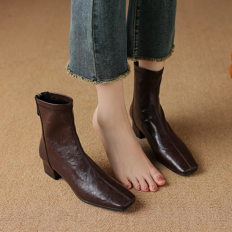 Off-White Brown Black Square Toe Ankle Boots #002014