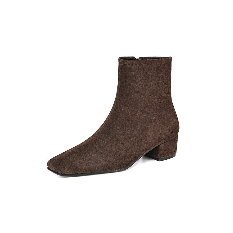 Brown Black Square Toe Side Zipper Ankle Boots #002018