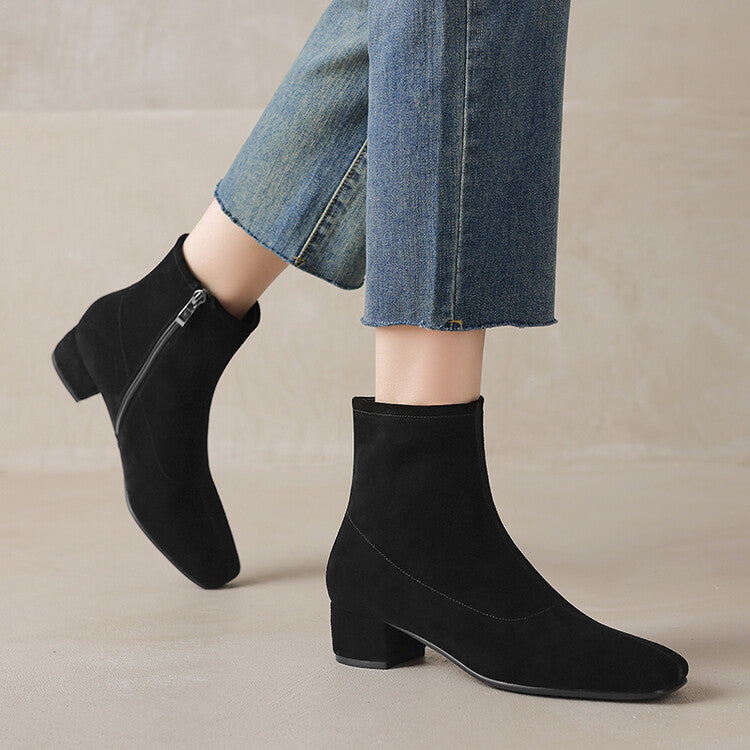 Brown Black Square Toe Side Zipper Ankle Boots #002018