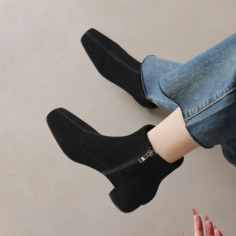 Brown Black Square Toe Side Zipper Ankle Boots #002018