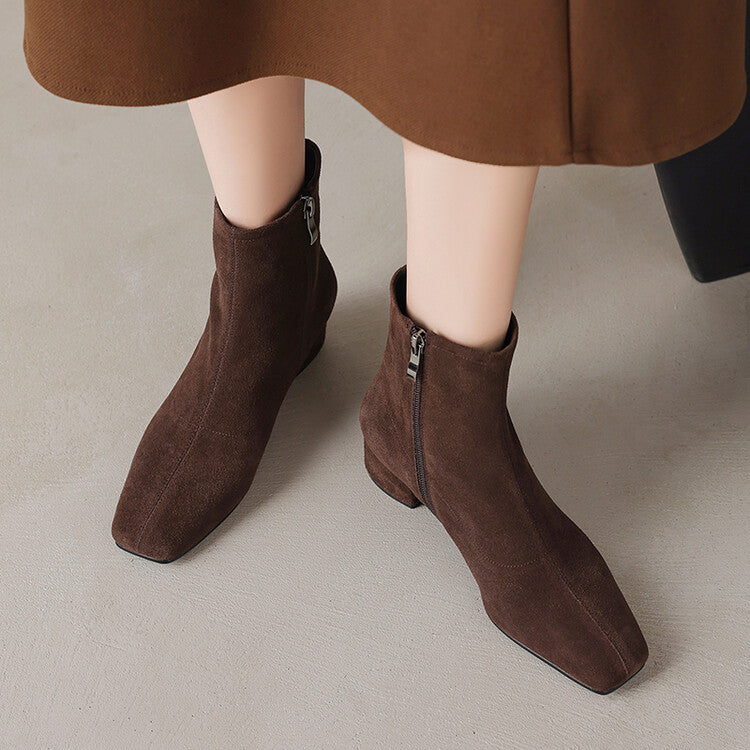 Brown Black Square Toe Side Zipper Ankle Boots #002018