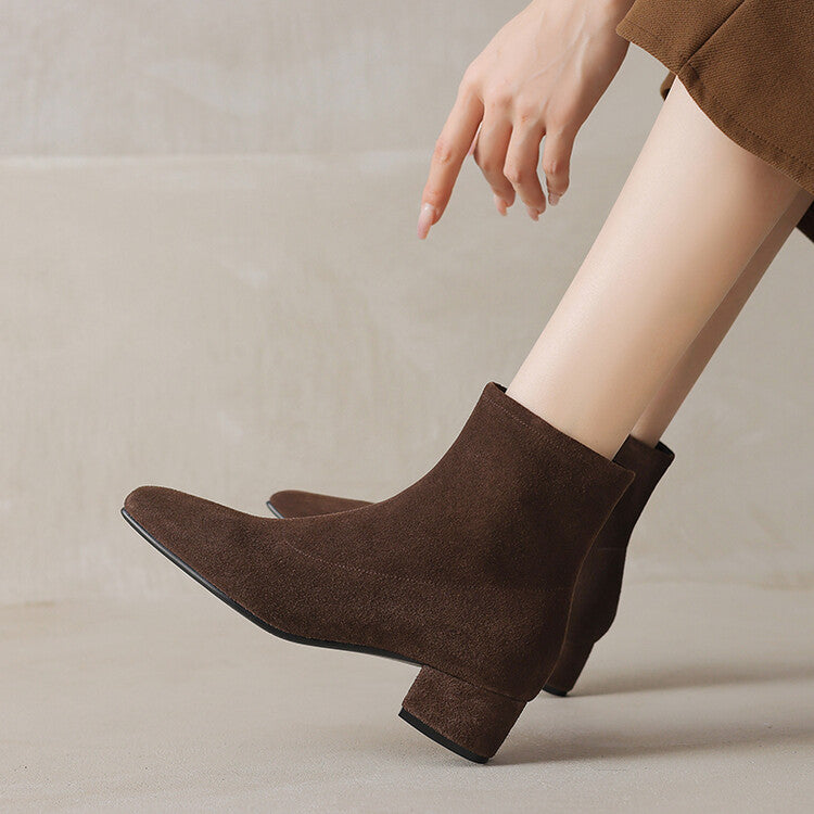 Brown Black Square Toe Side Zipper Ankle Boots #002018