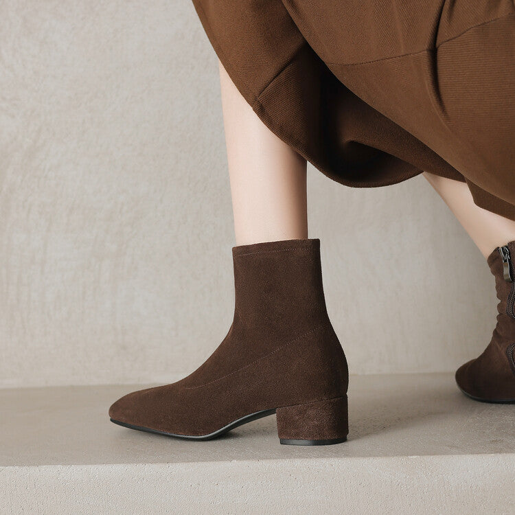 Brown Black Square Toe Side Zipper Ankle Boots #002018