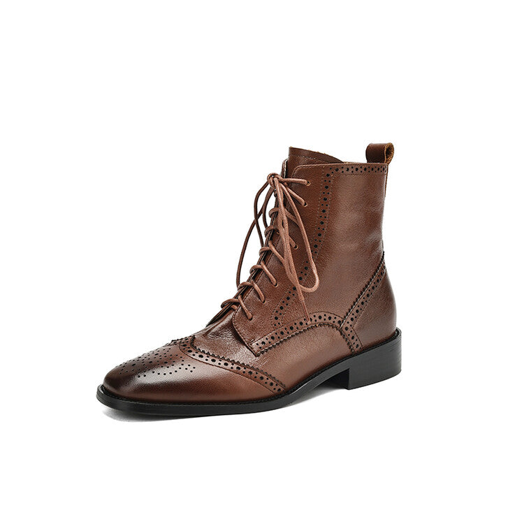 Brown Black Brogue Detail Lace-up Ankle Boots #002017