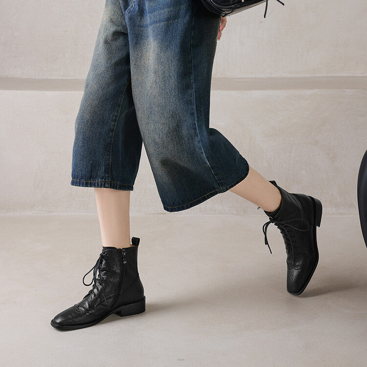 Brown Black Brogue Detail Lace-up Ankle Boots #002017
