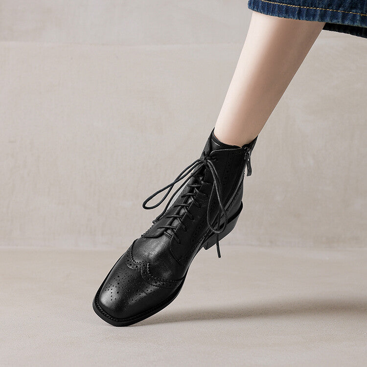 Brown Black Brogue Detail Lace-up Ankle Boots #002017