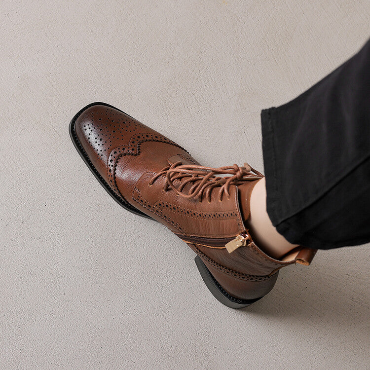 Brown Black Brogue Detail Lace-up Ankle Boots #002017