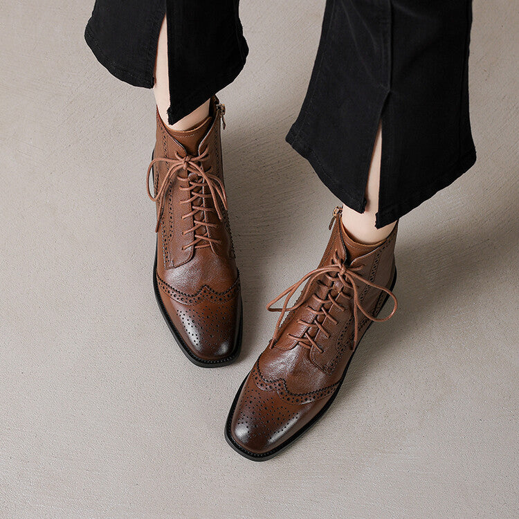 Brown Black Brogue Detail Lace-up Ankle Boots #002017
