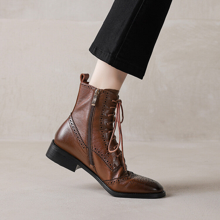 Brown Black Brogue Detail Lace-up Ankle Boots #002017