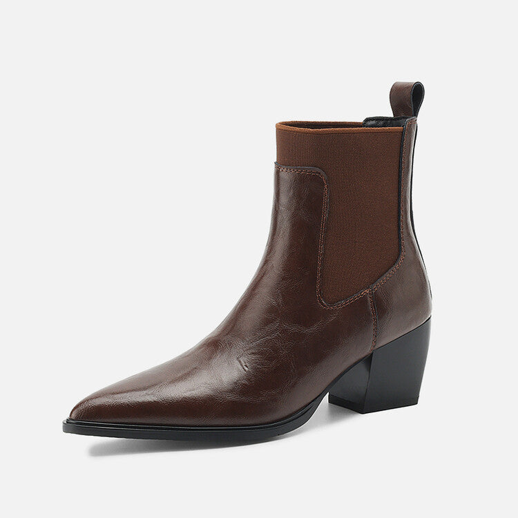 Brown Black Pointed Toe Block Heel Ankle Boots #002015