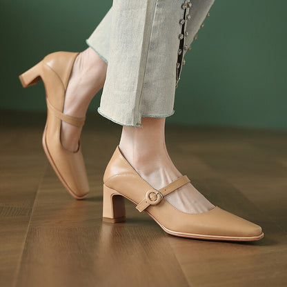 Off-White Beige Thin Block Heel Mary Jane Pumps #001101