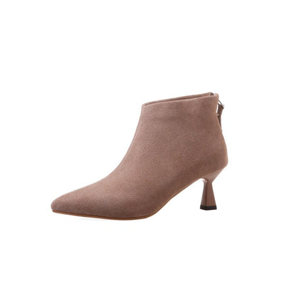 Pointed Toe Mid Heel Back Zipper Ankle Boots #002008