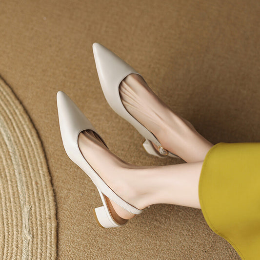 Off-White Beige Black Block Heel Slingback Pumps #001086