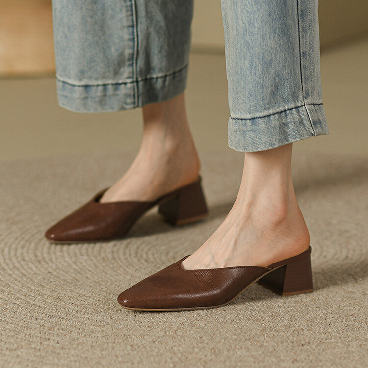 Beige Brown Plain Block Heel Mules #001160