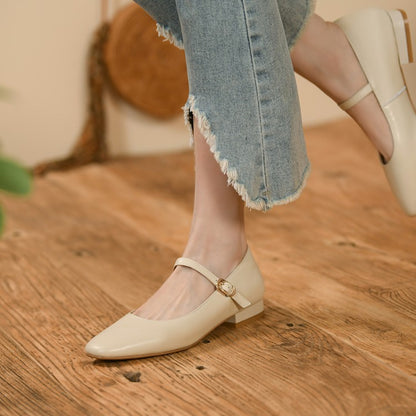 Off-White Beige Rounded Toe Mary Jane Flats #001124