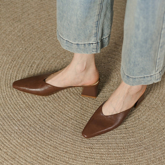 Beige Brown Plain Block Heel Mules #001160