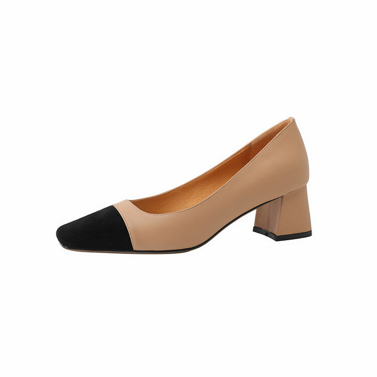 Off-White Beige Black Square Toe Block Heel Pumps #001150