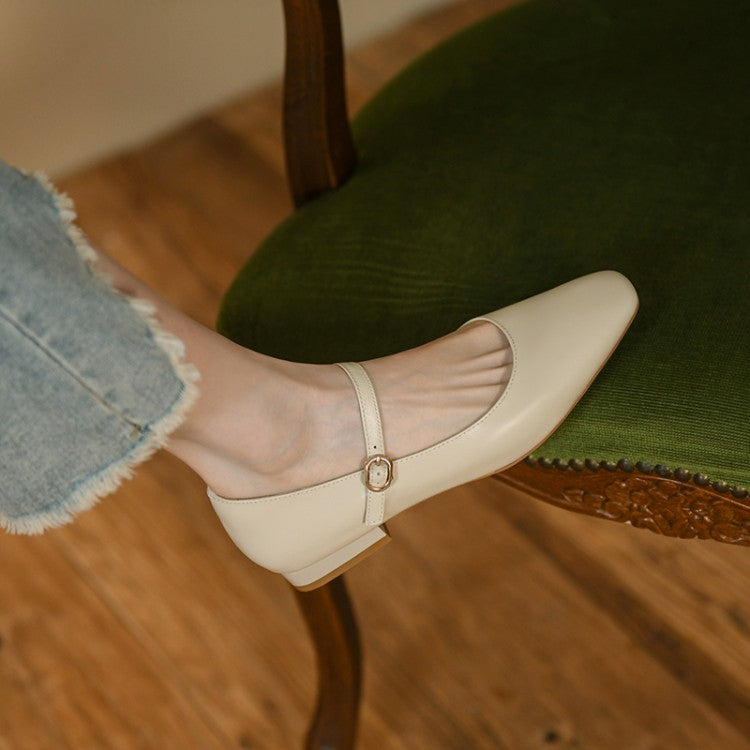 Off-White Beige Rounded Toe Mary Jane Flats #001124