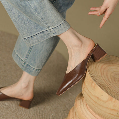 Beige Brown Plain Block Heel Mules #001160