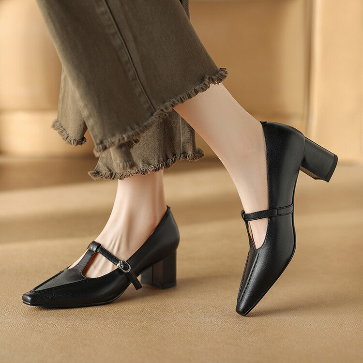 Brown Black T-Strap Block Heel Pumps #001168