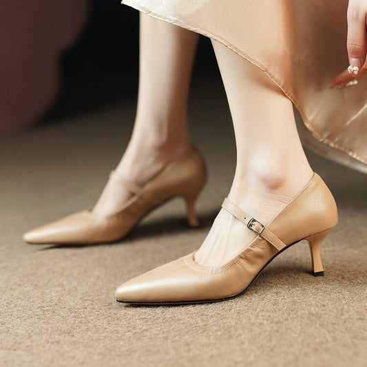 Beige Black Mid Heel Mary Jane Pumps #001110