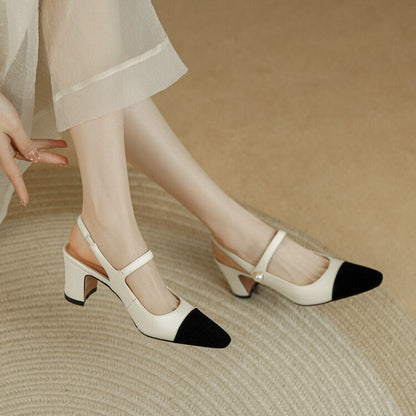 Off-White Beige Pearl-Embellished Quarter Strap Block Heel Pumps #001152