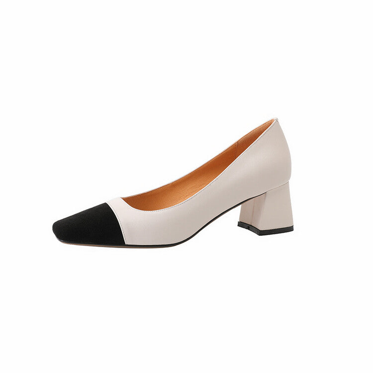 Off-White Beige Black Square Toe Block Heel Pumps #001150