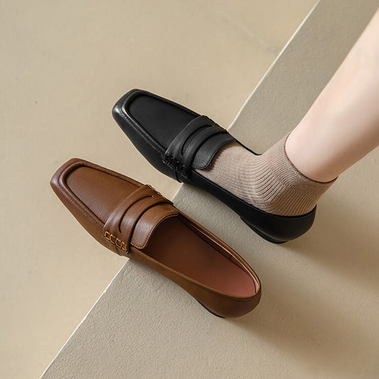 Brown Black Square Toe Strap Loafers #001070