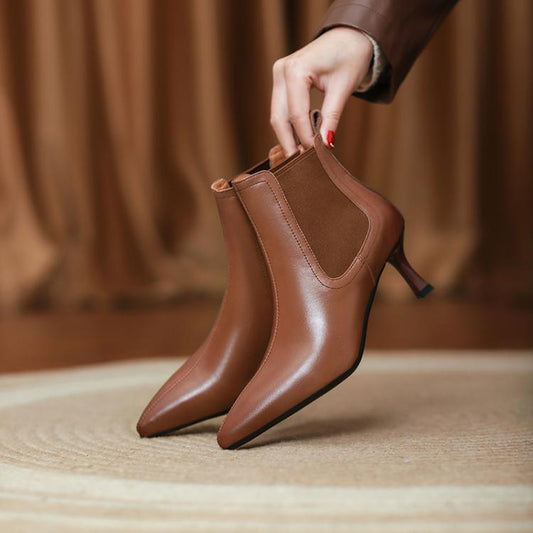 Brown Black Pointed Toe Mid Heel Ankle Boots #002002